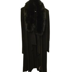Sioni Long Black Sleeve Faux Fur Trim Collar Open Cardigan Sweater Size M9